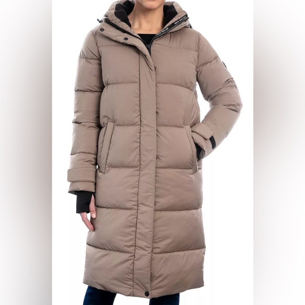MICHAEL Michael Kors Taupe Beige Hooded Long Puffer Coat Down Fill Jacket Size S